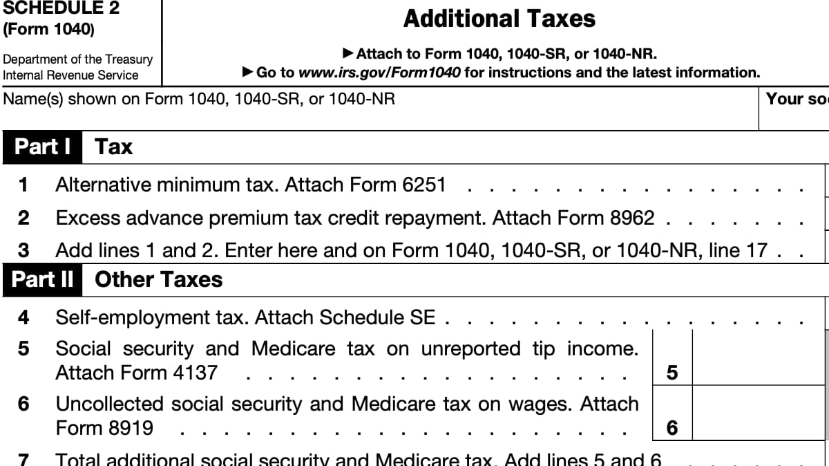 Image of Schedule 2 for the aditional taxes owed to IRS