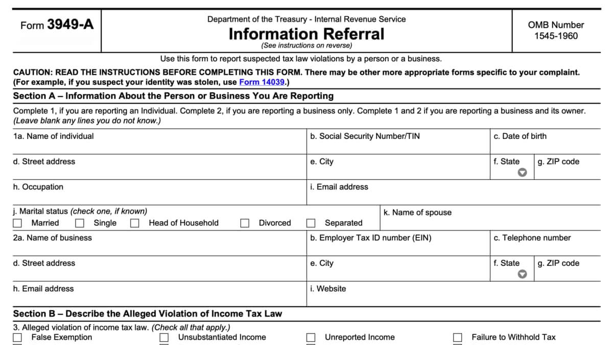 tax evasion report form 3949-A 2022
