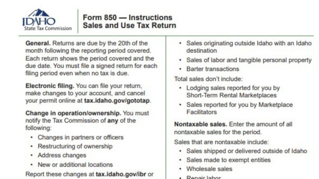 Idaho Form 850 Instructions